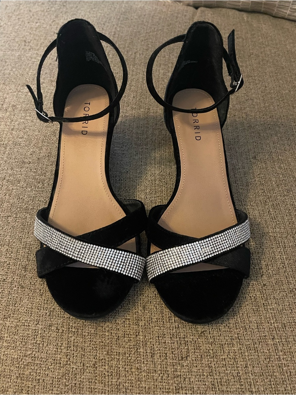 torrid Black Velvet Ankle-Strap Heels with Rhinestone Front Straps